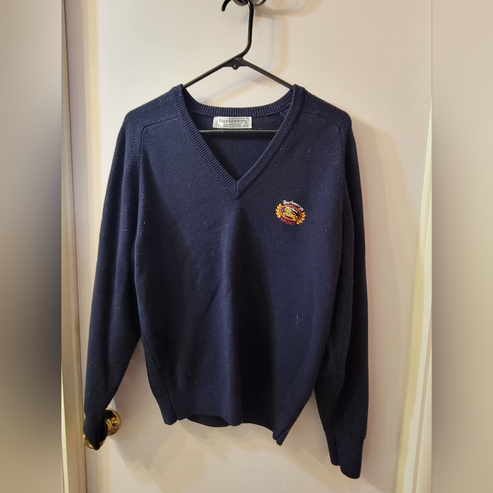Burberry Scotland Merino Wool VNeck Pullover Blue Long Sleeve